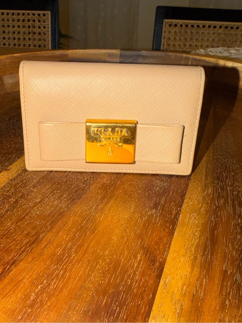 Prada Pink Saffiano Leather Card Case with Gold Plaque